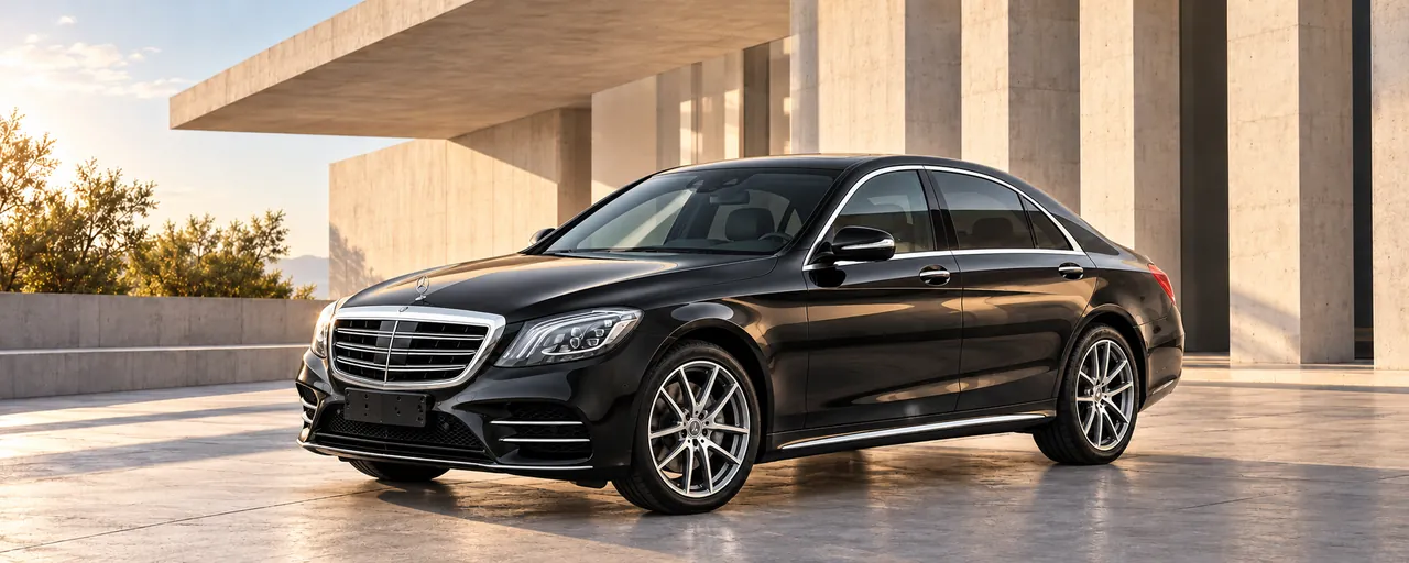 Mercedes-Benz S550, complete left-facing exterior in a conceptual architectural setting