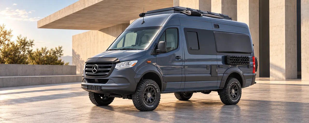 Mercedes-Benz Travel Camper, complete left-facing exterior in a conceptual architectural setting
