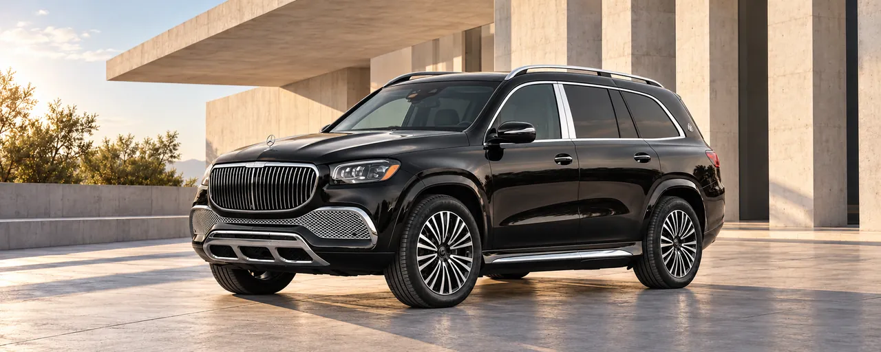 Mercedes-Maybach GLS 600, complete left-facing exterior in a conceptual architectural setting