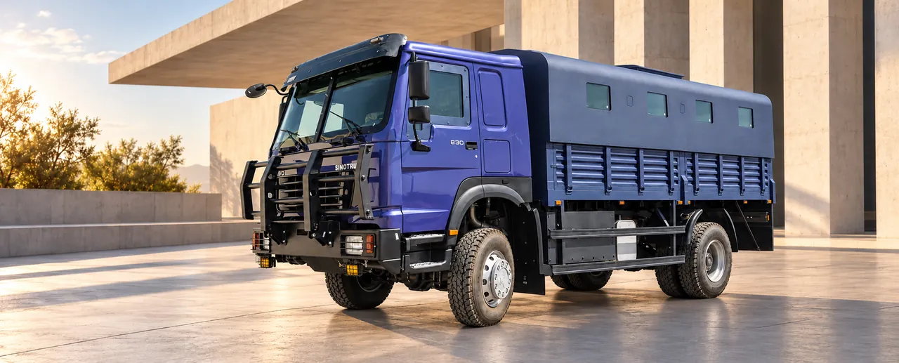 Troop Carrier Truck TCT, complete left-facing exterior in a conceptual architectural setting