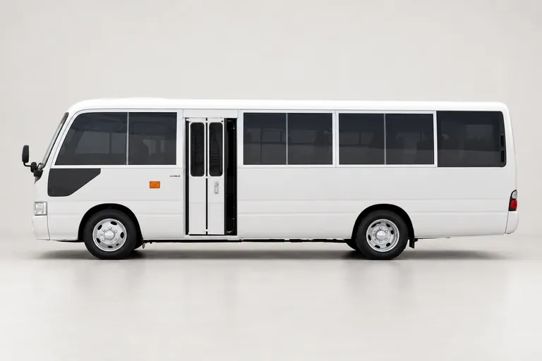 Toyota Coaster, complete left-facing exterior studio view
