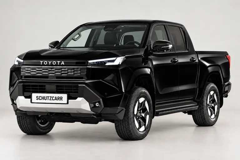Black Toyota Hilux, complete left-facing exterior studio view