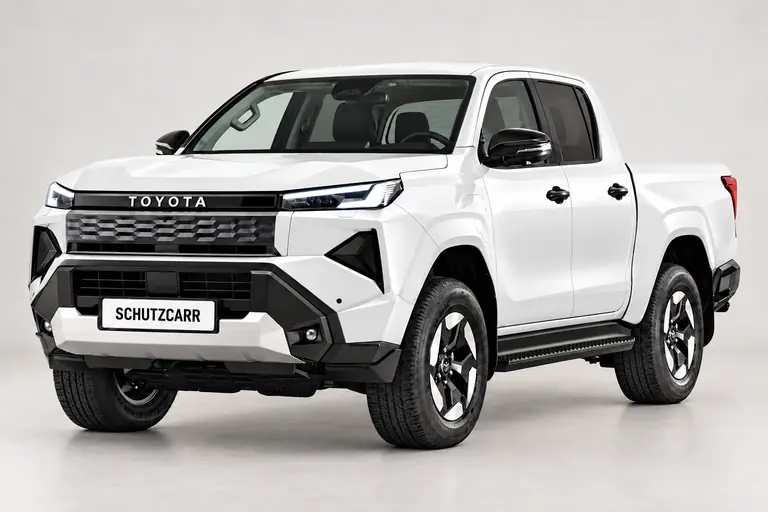 White Toyota Hilux, complete left-facing exterior studio view