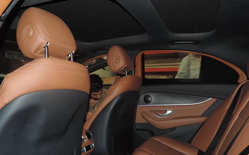 Armored Mercedes-Benz sedan exterior detail view