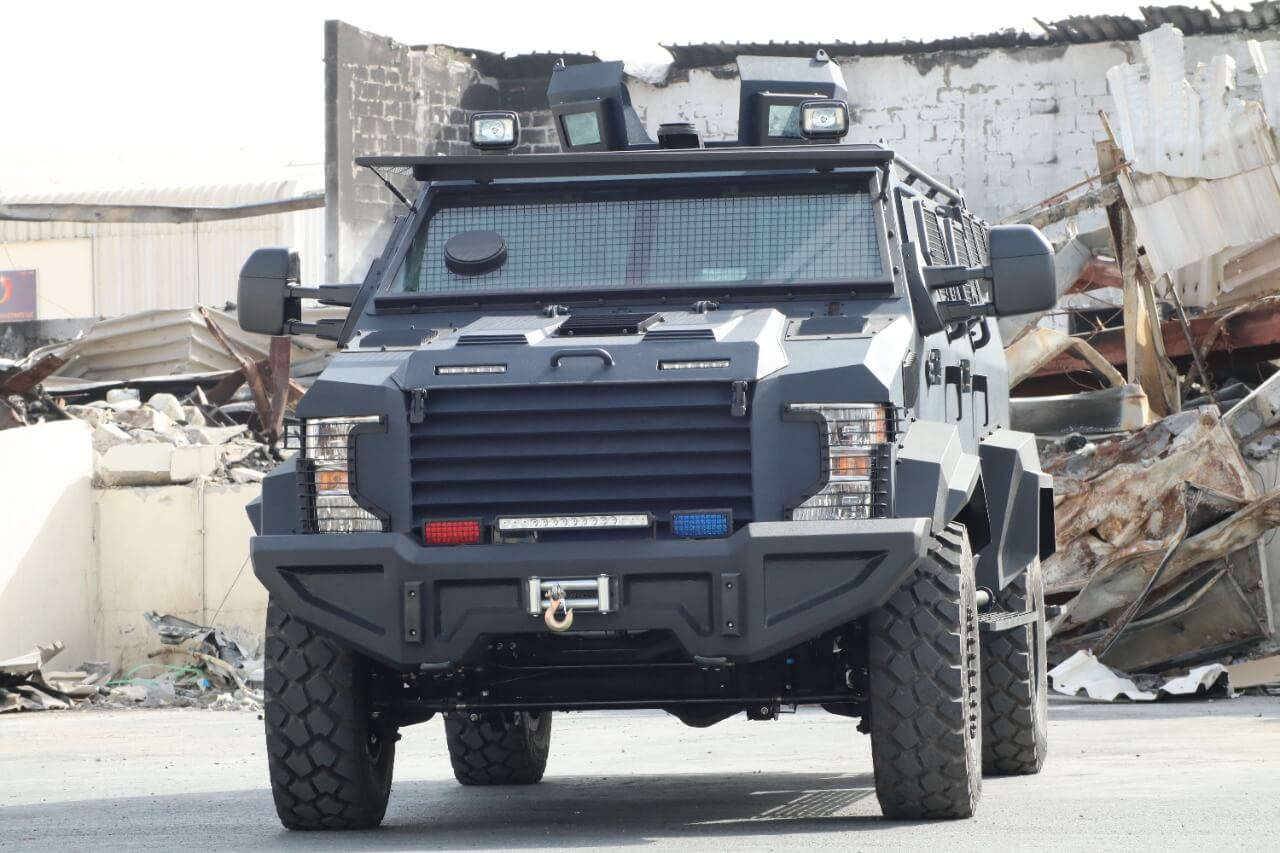 Ford F550 TAV APC front armoring view with reinforced exterior