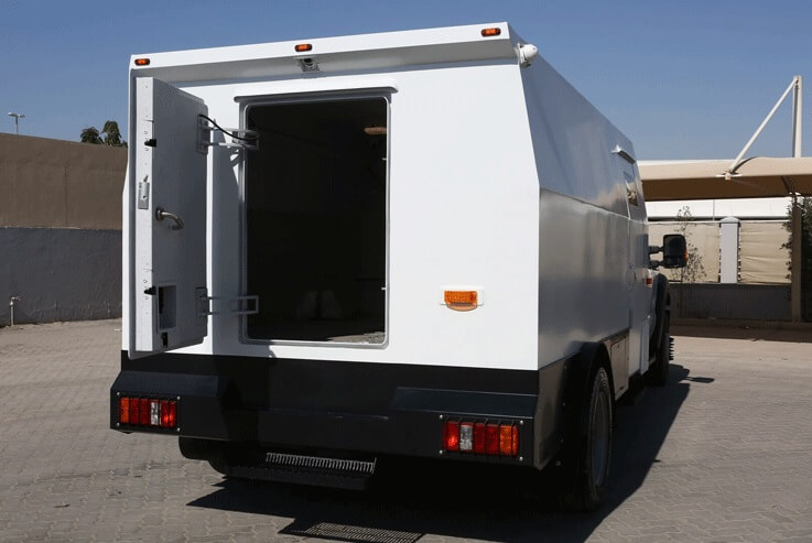 Ford F550 armored cash-in-transit vehicle with rear door open