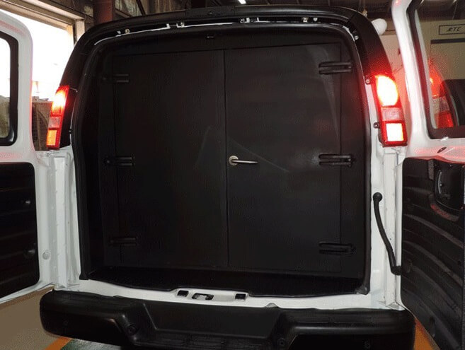 GMC Savana cash-in-transit vehicle armored trunk entrance and protected storage access