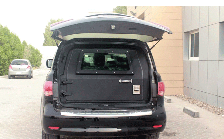 Infiniti QX80 armored SUV rear cargo area with trunk open