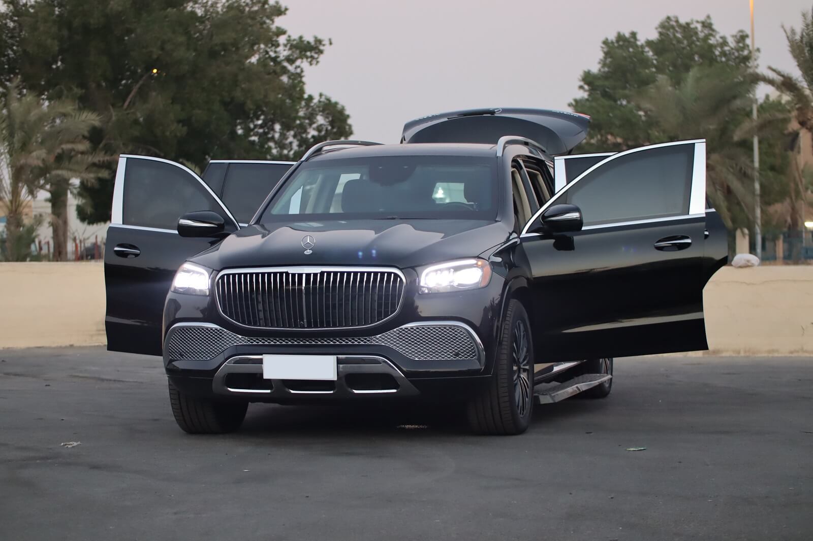 Mercedes Maybach GLS 600 armored luxury SUV front view with doors open