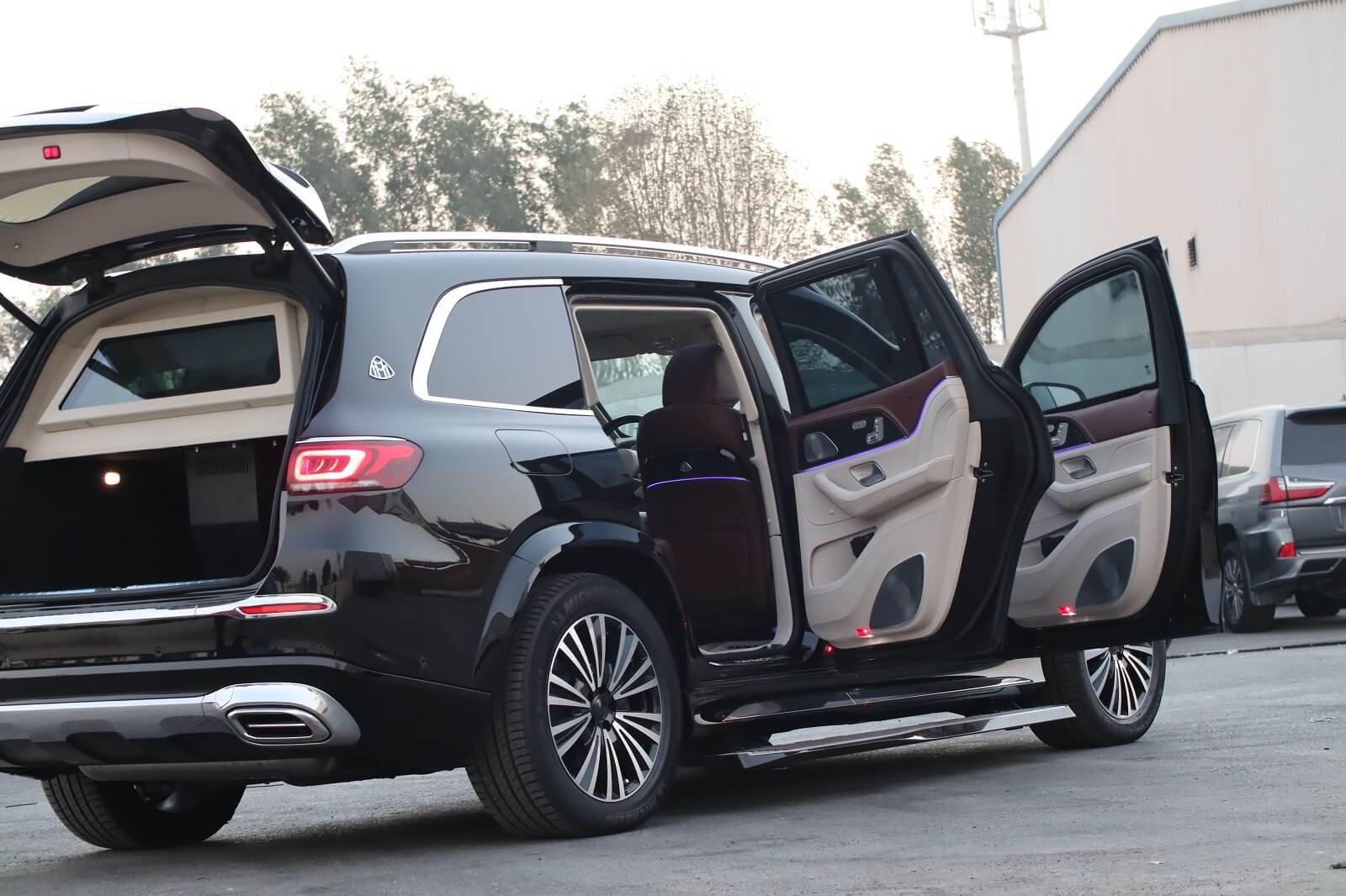 Mercedes Maybach GLS 600 armored luxury SUV right side doors and trunk open