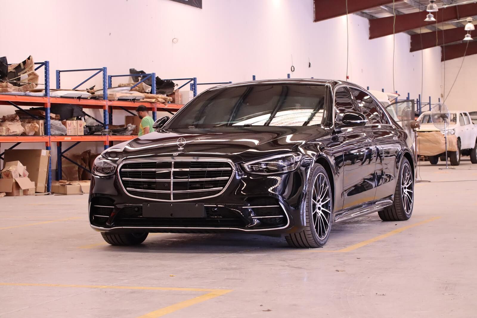 Mercedes-Benz S500 armored luxury sedan front left exterior angle