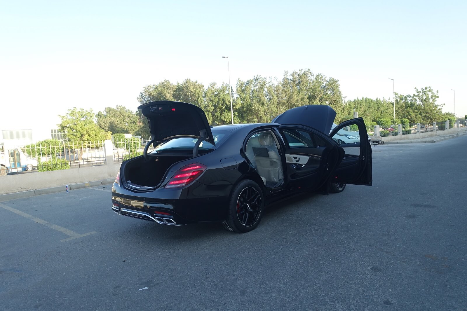 Mercedes-Benz S-Class armored luxury sedan rear right view with doors open