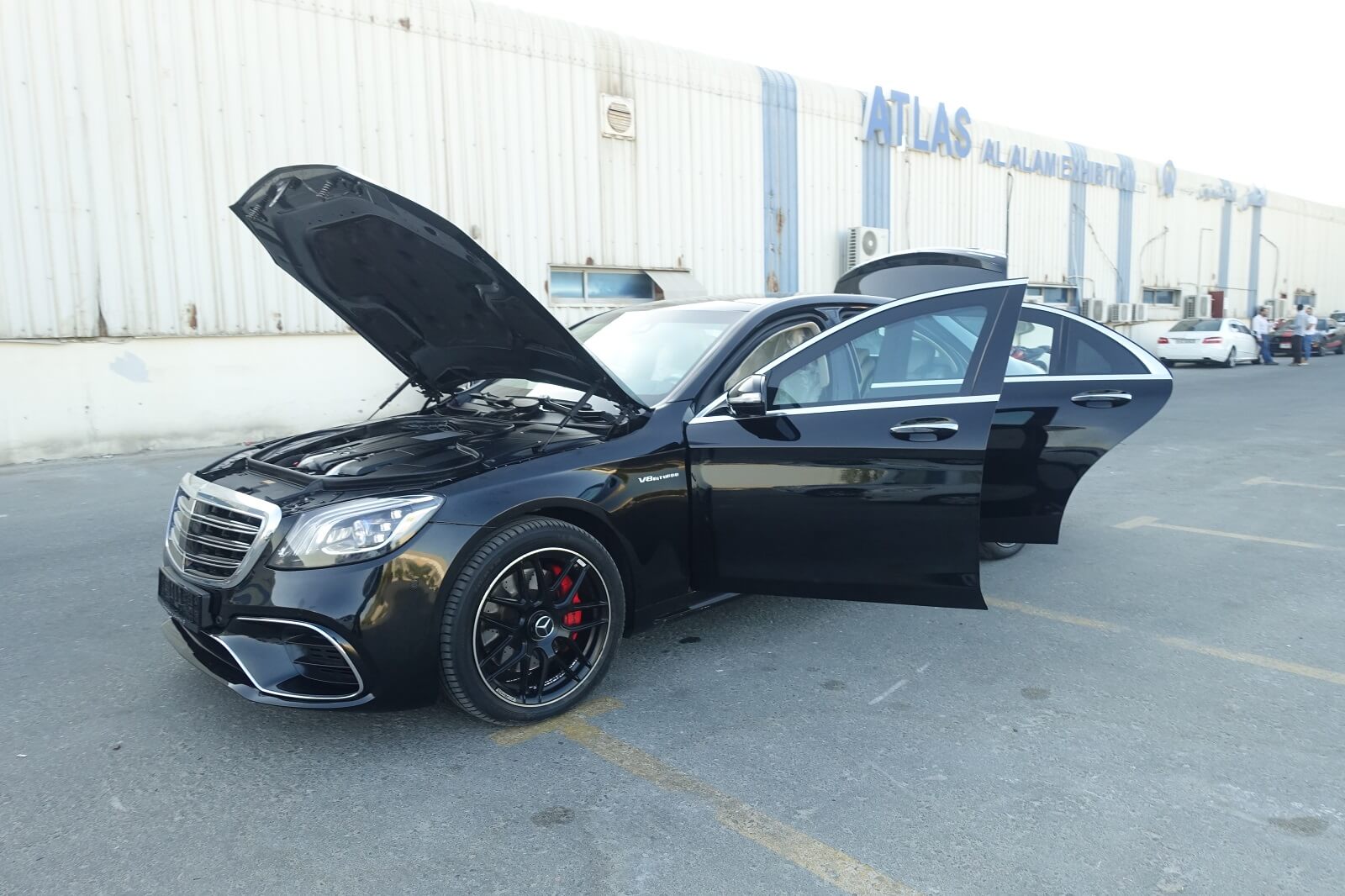 Mercedes-Benz S-Class armored luxury sedan front left view with doors open