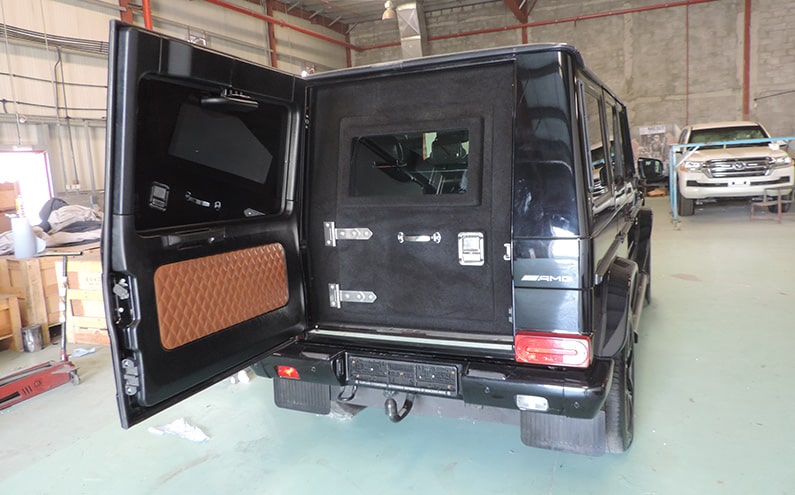 Mercedes-Benz AMG G63 Black armored SUV closed trunk armoring detail