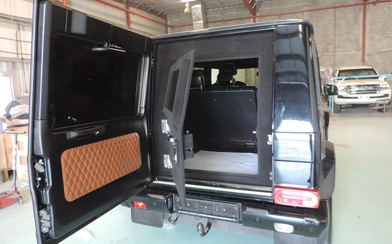 Mercedes-Benz AMG G63 Black armored SUV open trunk armoring detail