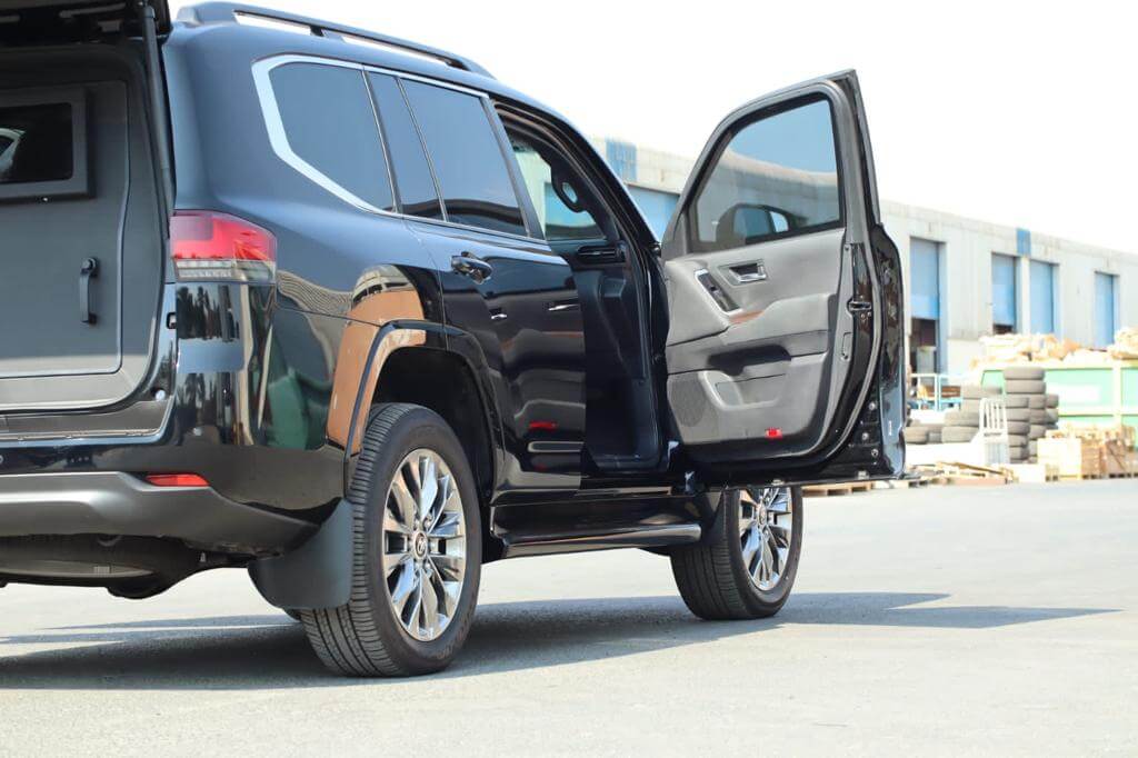Toyota Land Cruiser 300 armored SUV right side door open view
