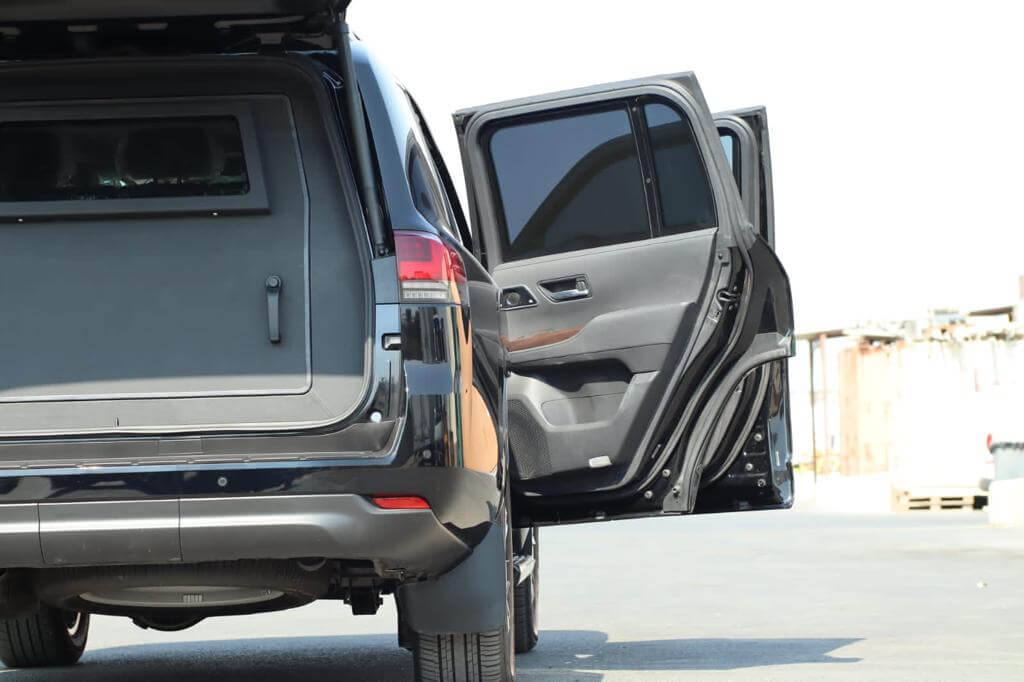 Toyota Land Cruiser 300 armored SUV right passenger doors open